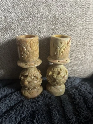 Nepalese Hand Carved Stone Candle Holders A Lion Chasing A Gazelle Hunt - Image 1 of 4