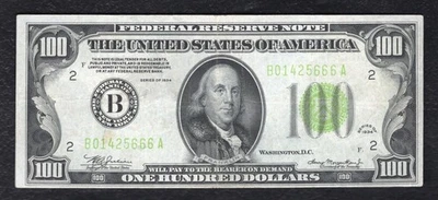 FR. 2152-B 1934 $100 LIGHT GREEN SEAL FRN FEDERAL RESERVE NOTE NEW YORK, NY VF+ - Image 1 of 2