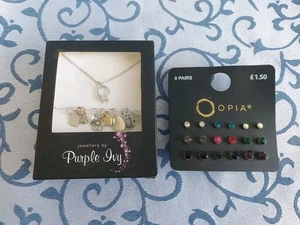 Purple Ivy Necklace With 9 Charms And 9 Opia Mixed Colour Stud Earrings - Picture 1 of 6