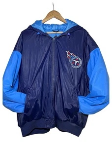 Vtg Tennessee Titans NFL Blue Puffer Jacket W/hood Sz XL Titans Spell Out - Picture 1 of 15