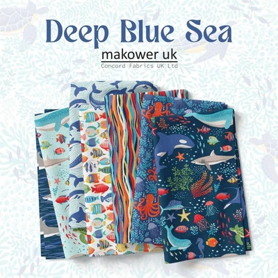Makower Deep Blue Sea Cotton Fabric - Divers, Octopus, Sharks, Fish, Sea