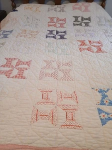 Vintage Bow Tie Hand Stitched Quilt "Wear" - Picture 1 of 6