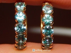 14K YELLOW GOLD BLUE TOPAZ 6/10th INCH DIAMETER LEVERBACK HUGGIE HOOP EARRINGS - Picture 1 of 7