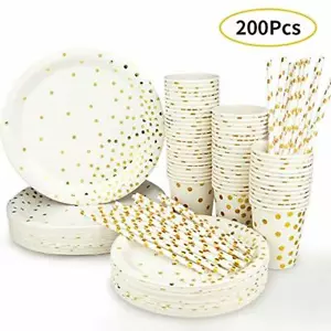 Disposable Paper Plates Party Supplies - Gold Metallic Foil Dots 50 Dinner Plate - Picture 1 of 7