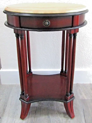 2006 Bombay Company Oval Marble Top One Drawer Wood Side Table Style 7HKG  - Image 1 of 4