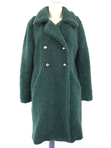 QED London Teddy Bear Coat Dark Green Mid Length Fuzzy Shaggy Overcoat Size UK 8 - Picture 1 of 10