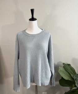 Maglione Eileen Fisher blu chiaro a costine misto cotone/cashmere box top taglia L nuovo con etichette - Foto 1 di 12