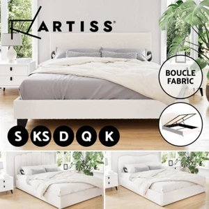 Artiss Bed Frame Boucle Fabric Queen Double King Single Size Gas Lift White - Picture 1 of 121