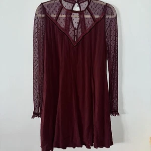 Kimchi Blue Constance Embroidered Mesh Mock Neck Frock Dress Burgundy Victorian - Picture 1 of 7