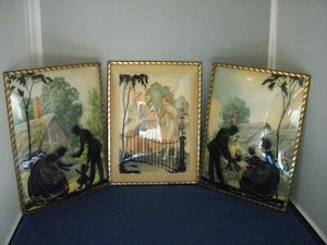 Antique Silhouette Reverse Painted Convex Bubble Glass Litho Pictures - Set of 3 - Picture 1 of 7