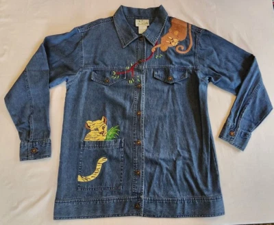 Women's Quacker Factory Denim Shirt Shacket Size M Safari Jungle Animals - Image 1 of 4