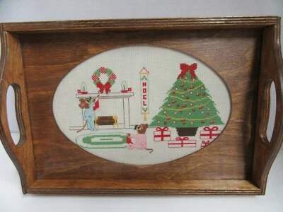 Wood Serving Tray Glass Top Christmas Noel Mouse Cross Stitch Oval with Handles - Image 1 of 3