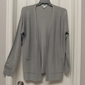 TIME and TRU Med Grey Heather Open Front Sweater Cardigan Ribbed Pockets L 12-14 - Picture 1 of 6