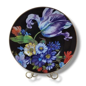 8 Mackenzie Childs Flower Market Schwarz Emaille 10" Essteller Set Tulpe Gänseblümchen - Bild 1 von 12
