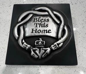 Wooden And Resin Bless This Home Plaque /wall Art Black And Silver. 7X6.8 - Picture 1 of 5