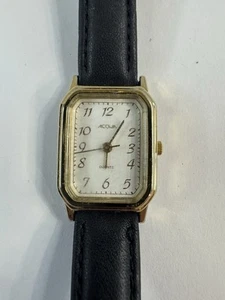 Vintage Acqua Ladies Tank watch Black Leather Band Gold Time Accent White Dial - Picture 1 of 4
