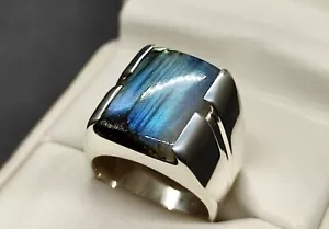 Natürlicher 16 Karat Labradorit Sterlingsilber 925 handgefertigter quadratischer Herrenring - Bild 1 von 12