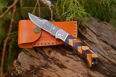 Pak Damascus Handmade Folding / Pocket Damascus Steel Knife With Leather Sheath - Image 1 of 4
