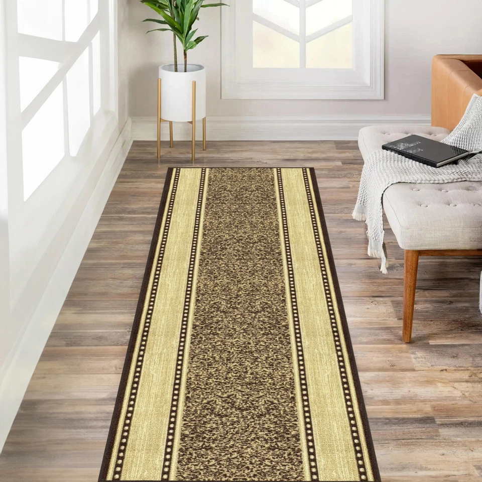 Custom Size Stair Hallway Runner Rug Non Slip Rubber Back Brown & Beige Border - Image 1 of 4