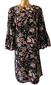 H&M womens black floral 3/4 length flounce flared sleeve shift dress size 10/12 - Picture 1 of 16
