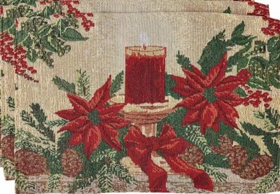 Set of 2 Tapestry Placemats, 13" x 19" CHRISTMAS POINSETTIA FLOWERS & CANDLE, VL - Image 1 of 4
