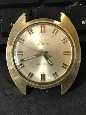 Reloj Westclox 39 mm electrónico esfera plateada dorado para hombre, no funciona (#1843) Foto 1 de 4