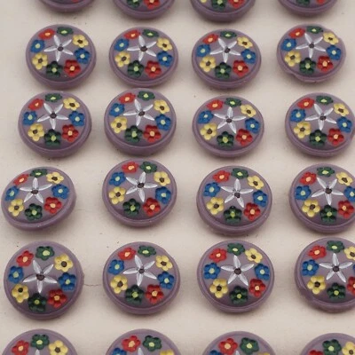 Card (24) Czech vintage hand painted flower grey green glass buttons 13mm - Image 1 of 3