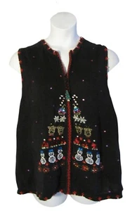 Vintage Y2K Ugly Christmas Sweater Vest 1X Beaded Sequined Tree Reindeer - Picture 1 of 3
