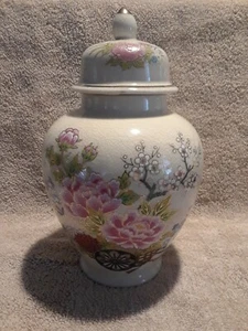 Vintage asiatische japanische Porzellan Keramik Blumenmuster Ingwer Glas Vase Urne mit Deckel - Bild 1 von 12