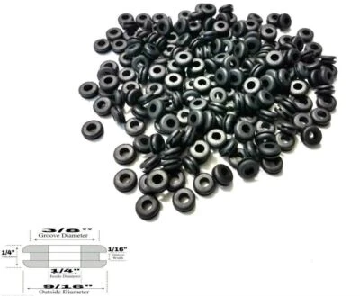 RUBBERFEETWAREHOUSE 100-Pack of Rubber Grommet Wiring Bushing - 1/4 ID, 1/16 Groove, Fits 3/8 Hole