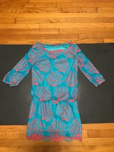 Vestido Lily Pulitzer Coral Reef Azul Malla Forrado Elástico Mujer Talla 2 Manga 3/4 - Imagen 1 de 12