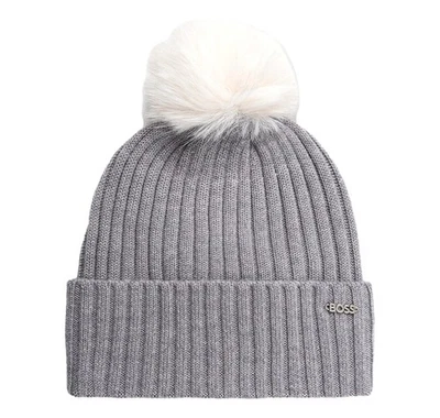 Boss Bonnet Femme en Laine Vierge Avec Pompon En Écho Fourrure 50545781 Gris - Изображение 1 из 3