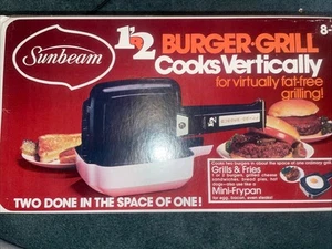 VINTAGE 1976 Sunbeam 1 or 2 Burger Grill NEW Cooks Vertically To Drain The Fat! - Picture 1 of 5
