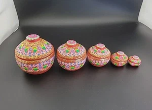 Vintage 5 NESTING BOWLS Hand Painted Round Floral Purple Pink Org Blue Gold - Picture 1 of 13