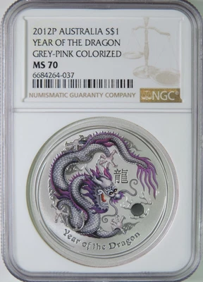 2012 Australia Year of Dragon Grey Pink Colorized $1 1oz Silver Coin NGC MS70 - Image 1 of 4