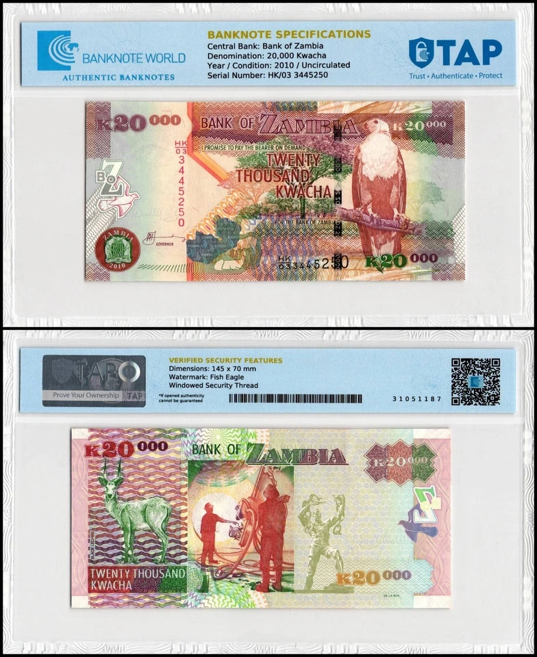 Billete autenticado Zambia 20000 Kwacha, 2010, P-47f, UNC Foto 1 de 1