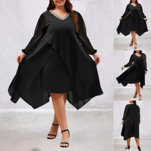 Womens Solid V Neck Midi Dress Ladies Chiffon Lantern Sleeve Cocktail Party Gown - Picture 1 of 13