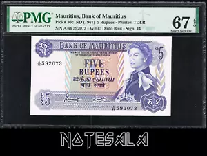 MAURITIUS MAURICIO 5 RUPEES 1967 Pick-30c PMG 67 SUPERB GEM UNCIRCULATED EPQ - Picture 1 of 2