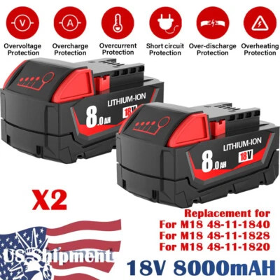 GOCKOUTSPORT 2Packs 8.0Ah 18-Volt For Milwaukee For M18 48-11-1880 18V Battery High Output