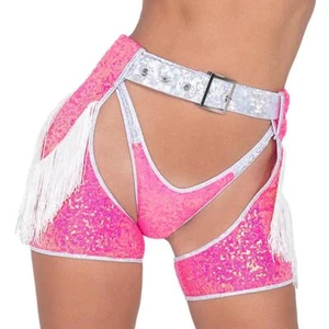 Pailletten Chap Shorts Fransen Schnalle Ösen Metallic Borte Hot Pink Silber 6017 - Bild 1 von 7