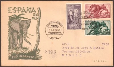 F-EX45734 RIO MUNI SPAIN 1961 REG FDC PRO-CHILDREN ELEPHANT MANDRIL MONKEY - Image 1 of 2