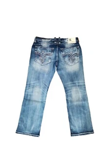 $220 Hombres Rock Revival Jean "Amal" Navaja Distress Cuero Inserciones Imitación Talla 42 - Imagen 1 de 21