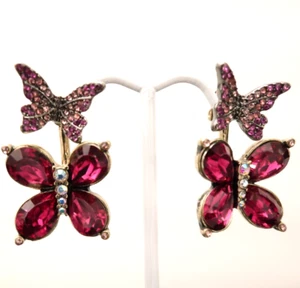 Betsey Johnson earrings Betsey’s Butterflies purple crystal jackets goldtone - Picture 1 of 8