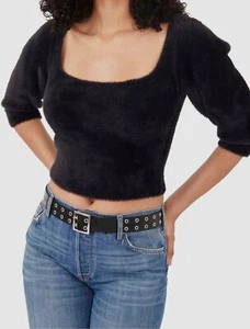 $98 Free People Women's Black Cropped Scoop Neck 3/4 Sleeve Sweater Size XS - Picture 1 of 1
