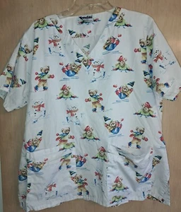 Landau Womens Scrub Top White Blue Green XL Teddybear Graphic Winter Skating - Picture 1 of 3