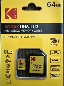 Kodak Micro SD Card - 64GB U3 With Adapter - New / Sealed - Picture 1 of 2