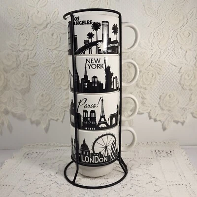 Canecas de café preto e branco com suporte de metal, empilháveis, cerâmica, estilo retrô - Imagem 1 de 4