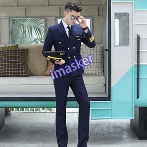 Hombres Traje de Capitán de Aerolínea Chaqueta Pantalones Conjunto Piloto Blazer Ropa Uniforme - Imagen 1 de 16