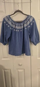 Tommy Hilfiger Women's Blue Embroidered Top 3/4 Sleeves Size S/P 100% Cotton - Picture 1 of 5