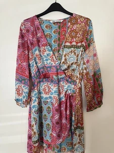 ZARA Scarf Print Satin Mini Dress Faux Wrap Long Sleeve Floral V Neck Sz Medium - Picture 1 of 7